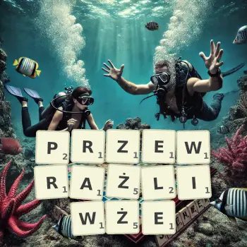 Kreatywna ilustracja do gry w Scrabble ze słowem PRZEWRAŻLIWŻE ułożonym z płytek na planszy.