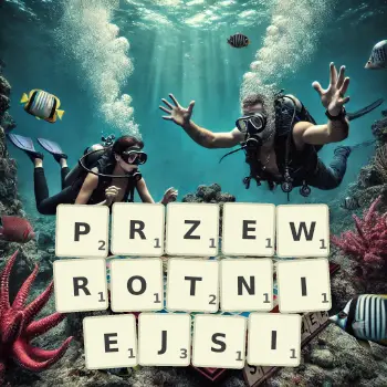 Kreatywna ilustracja do gry w Scrabble ze słowem PRZEWROTNIEJSI ułożonym z płytek na planszy.