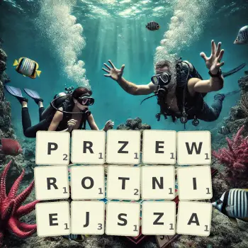 Kreatywna ilustracja do gry w Scrabble ze słowem PRZEWROTNIEJSZA ułożonym z płytek na planszy.