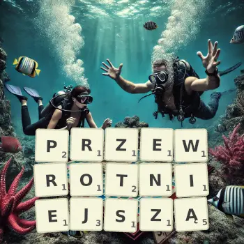 Kreatywna ilustracja do gry w Scrabble ze słowem PRZEWROTNIEJSZĄ ułożonym z płytek na planszy.