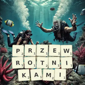 Kreatywna ilustracja do gry w Scrabble ze słowem PRZEWROTNIKAMI ułożonym z płytek na planszy.