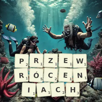 Kreatywna ilustracja do gry w Scrabble ze słowem PRZEWRÓCENIACH ułożonym z płytek na planszy.
