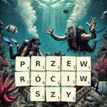 Kreatywna ilustracja do gry w Scrabble ze słowem PRZEWRÓCIWSZY ułożonym z płytek na planszy.