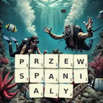 Kreatywna ilustracja do gry w Scrabble ze słowem PRZEWSPANIALY ułożonym z płytek na planszy.