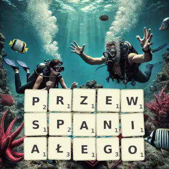 Kreatywna ilustracja do gry w Scrabble ze słowem PRZEWSPANIAŁEGO ułożonym z płytek na planszy.