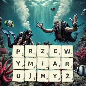 Kreatywna ilustracja do gry w Scrabble ze słowem PRZEWYMIARUJMYŻ ułożonym z płytek na planszy.