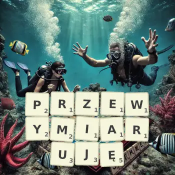 Kreatywna ilustracja do gry w Scrabble ze słowem PRZEWYMIARUJĘ ułożonym z płytek na planszy.