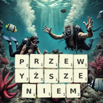 Kreatywna ilustracja do gry w Scrabble ze słowem PRZEWYŻSZENIEM ułożonym z płytek na planszy.