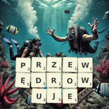 Kreatywna ilustracja do gry w Scrabble ze słowem PRZEWĘDROWUJE ułożonym z płytek na planszy.