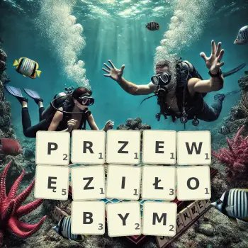 Kreatywna ilustracja do gry w Scrabble ze słowem PRZEWĘZIŁOBYM ułożonym z płytek na planszy.