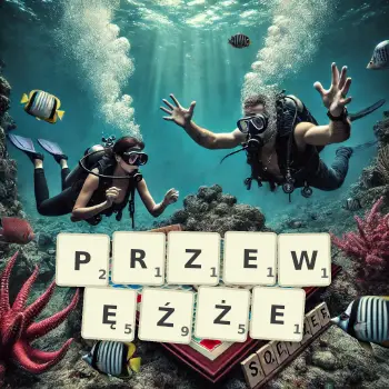 Kreatywna ilustracja do gry w Scrabble ze słowem PRZEWĘŹŻE ułożonym z płytek na planszy.