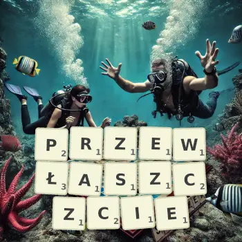 Kreatywna ilustracja do gry w Scrabble ze słowem PRZEWŁASZCZCIE ułożonym z płytek na planszy.