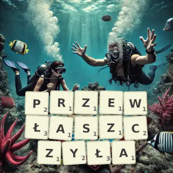 Kreatywna ilustracja do gry w Scrabble ze słowem PRZEWŁASZCZYŁA ułożonym z płytek na planszy.