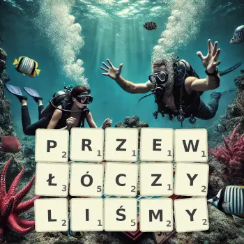 Kreatywna ilustracja do gry w Scrabble ze słowem PRZEWŁÓCZYLIŚMY ułożonym z płytek na planszy.