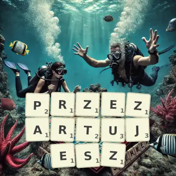 Kreatywna ilustracja do gry w Scrabble ze słowem PRZEZARTUJESZ ułożonym z płytek na planszy.