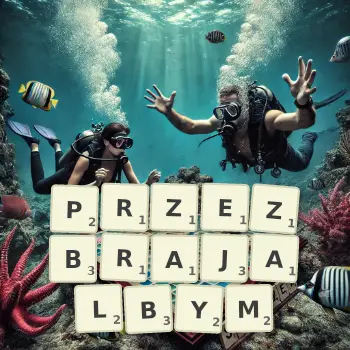 Kreatywna ilustracja do gry w Scrabble ze słowem PRZEZBRAJALBYM ułożonym z płytek na planszy.