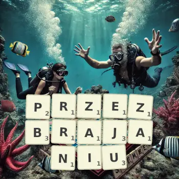 Kreatywna ilustracja do gry w Scrabble ze słowem PRZEZBRAJANIU ułożonym z płytek na planszy.