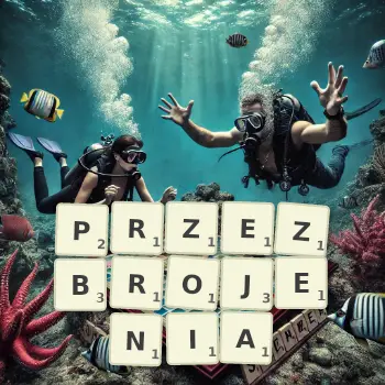 Kreatywna ilustracja do gry w Scrabble ze słowem PRZEZBROJENIA ułożonym z płytek na planszy.