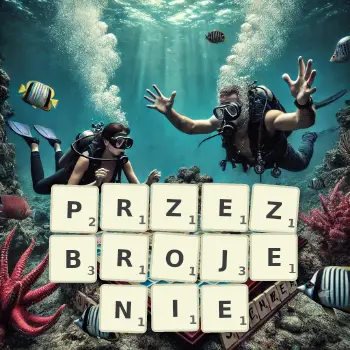 Kreatywna ilustracja do gry w Scrabble ze słowem PRZEZBROJENIE ułożonym z płytek na planszy.