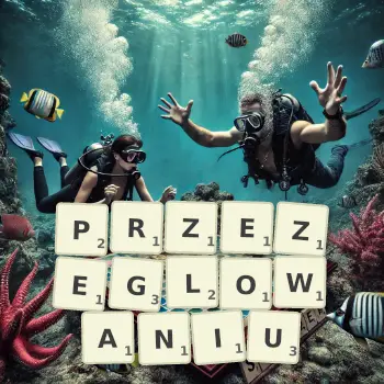 Kreatywna ilustracja do gry w Scrabble ze słowem PRZEZEGLOWANIU ułożonym z płytek na planszy.