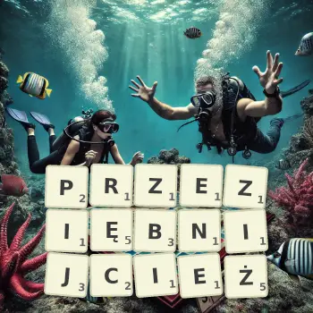 Kreatywna ilustracja do gry w Scrabble ze słowem PRZEZIĘBNIJCIEŻ ułożonym z płytek na planszy.