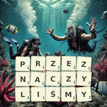 Kreatywna ilustracja do gry w Scrabble ze słowem PRZEZNACZYLIŚMY ułożonym z płytek na planszy.