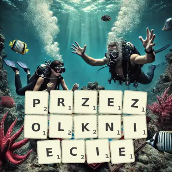 Kreatywna ilustracja do gry w Scrabble ze słowem PRZEZOLKNIECIE ułożonym z płytek na planszy.