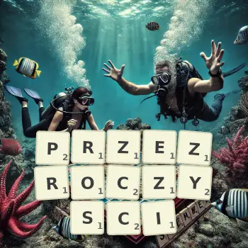 Kreatywna ilustracja do gry w Scrabble ze słowem PRZEZROCZYSCI ułożonym z płytek na planszy.