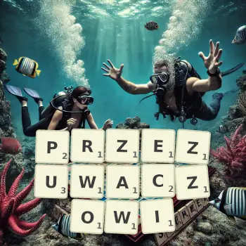 Kreatywna ilustracja do gry w Scrabble ze słowem PRZEZUWACZOWI ułożonym z płytek na planszy.