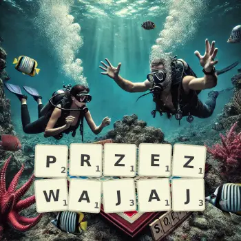 Kreatywna ilustracja do gry w Scrabble ze słowem PRZEZWAJAJ ułożonym z płytek na planszy.