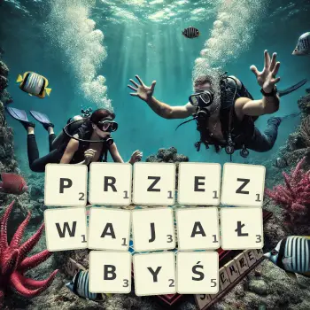 Kreatywna ilustracja do gry w Scrabble ze słowem PRZEZWAJAŁBYŚ ułożonym z płytek na planszy.
