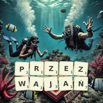 Kreatywna ilustracja do gry w Scrabble ze słowem PRZEZWAJAŃ ułożonym z płytek na planszy.