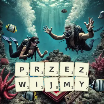 Kreatywna ilustracja do gry w Scrabble ze słowem PRZEZWIJMY ułożonym z płytek na planszy.