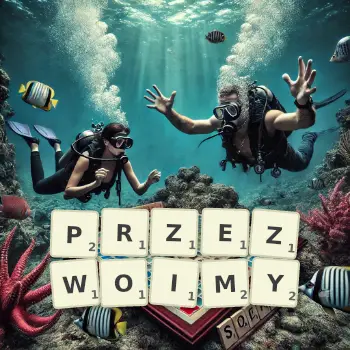 Kreatywna ilustracja do gry w Scrabble ze słowem PRZEZWOIMY ułożonym z płytek na planszy.