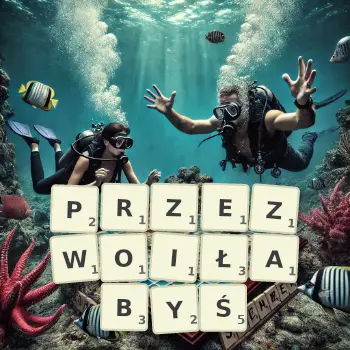 Kreatywna ilustracja do gry w Scrabble ze słowem PRZEZWOIŁABYŚ ułożonym z płytek na planszy.