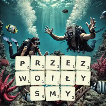 Kreatywna ilustracja do gry w Scrabble ze słowem PRZEZWOIŁYŚMY ułożonym z płytek na planszy.