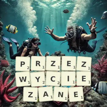 Kreatywna ilustracja do gry w Scrabble ze słowem PRZEZWYCIEZANE ułożonym z płytek na planszy.