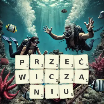 Kreatywna ilustracja do gry w Scrabble ze słowem PRZEĆWICZANIU ułożonym z płytek na planszy.