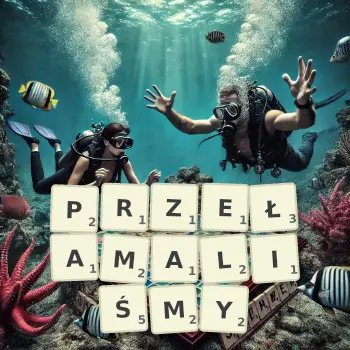 Kreatywna ilustracja do gry w Scrabble ze słowem PRZEŁAMALIŚMY ułożonym z płytek na planszy.
