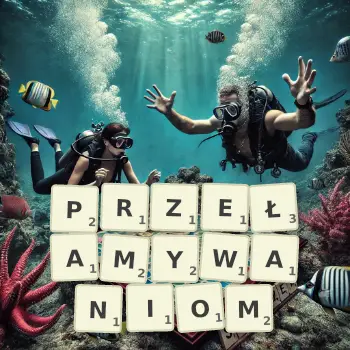 Kreatywna ilustracja do gry w Scrabble ze słowem PRZEŁAMYWANIOM ułożonym z płytek na planszy.