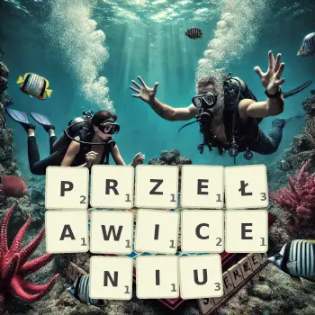 Kreatywna ilustracja do gry w Scrabble ze słowem PRZEŁAWICENIU ułożonym z płytek na planszy.