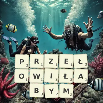 Kreatywna ilustracja do gry w Scrabble ze słowem PRZEŁOWIŁABYM ułożonym z płytek na planszy.