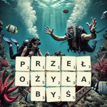 Kreatywna ilustracja do gry w Scrabble ze słowem PRZEŁOŻYŁABYŚ ułożonym z płytek na planszy.