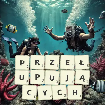 Kreatywna ilustracja do gry w Scrabble ze słowem PRZEŁUPUJĄCYCH ułożonym z płytek na planszy.
