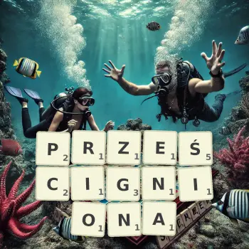 Kreatywna ilustracja do gry w Scrabble ze słowem PRZEŚCIGNIONA ułożonym z płytek na planszy.