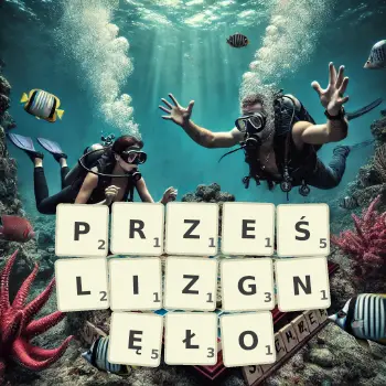 Kreatywna ilustracja do gry w Scrabble ze słowem PRZEŚLIZGNĘŁO ułożonym z płytek na planszy.