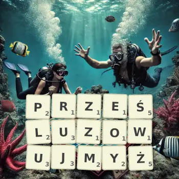 Kreatywna ilustracja do gry w Scrabble ze słowem PRZEŚLUZOWUJMYŻ ułożonym z płytek na planszy.