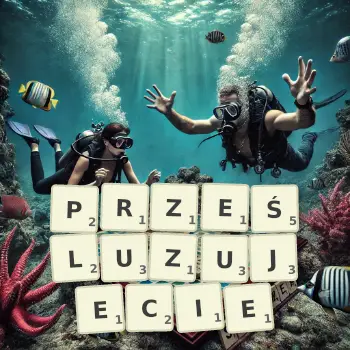 Kreatywna ilustracja do gry w Scrabble ze słowem PRZEŚLUZUJECIE ułożonym z płytek na planszy.