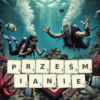 Kreatywna ilustracja do gry w Scrabble ze słowem PRZEŚMIANIE ułożonym z płytek na planszy.