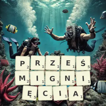Kreatywna ilustracja do gry w Scrabble ze słowem PRZEŚMIGNIĘCIA ułożonym z płytek na planszy.